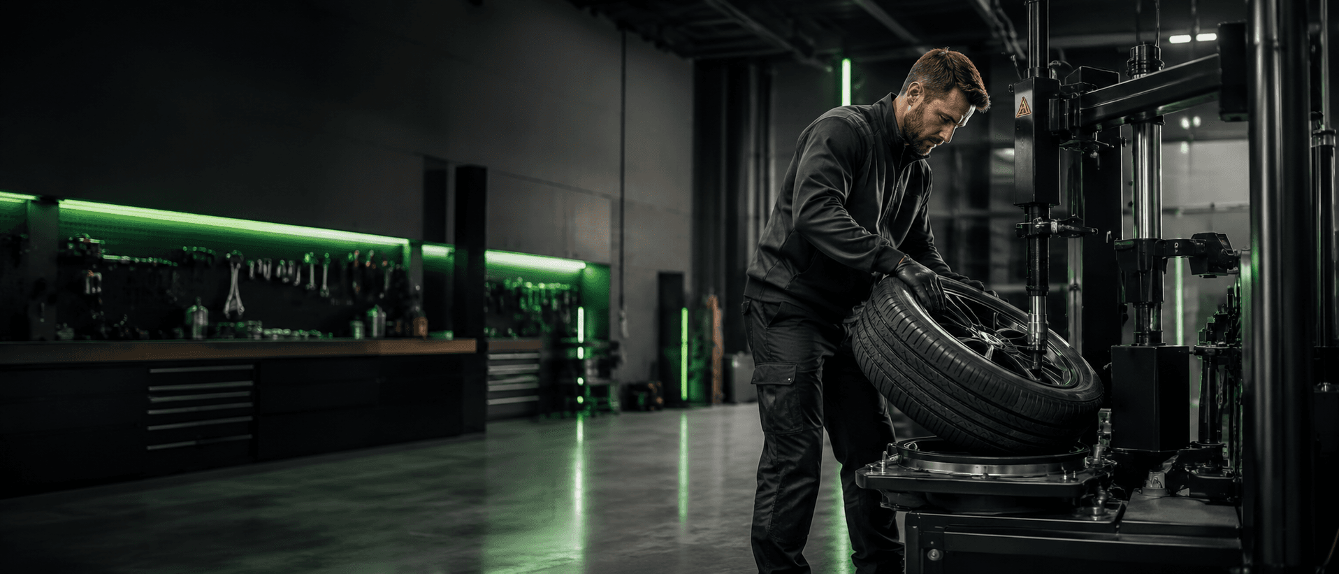 Technicien montant un pneu dans un atelier automobile moderne